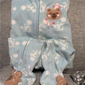 Baby Blue Floral Bear Footed Fleece One Piece PJ’s